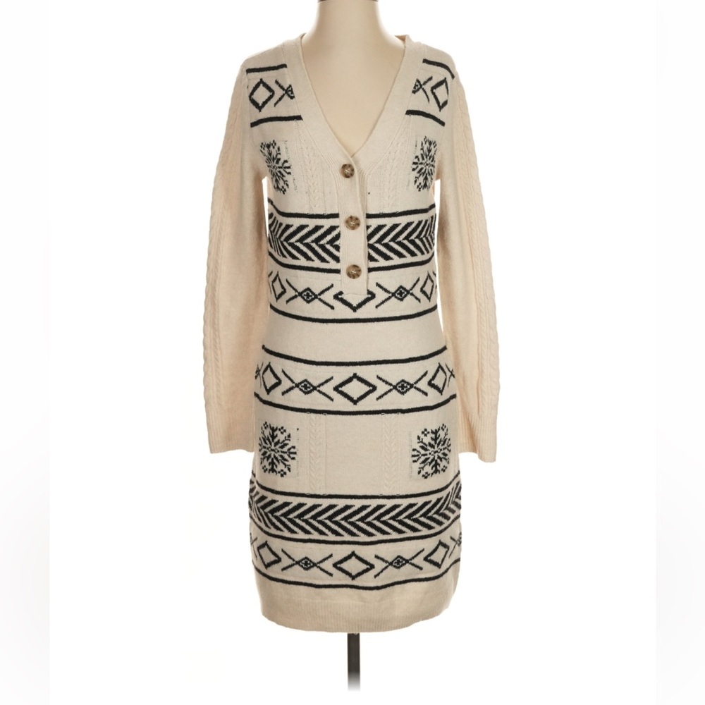 Lucky Brand Cream and Black Patterned Knit sweater Dress